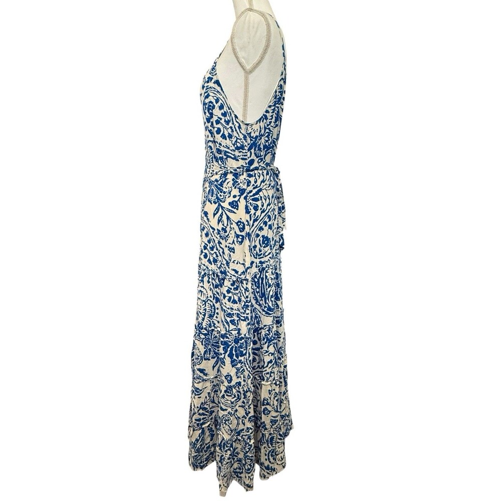 MSK Blue Ivory Floral Paisley Tiered Maxi Dress Size L Belted Boho Resort - Picture 3 of 9